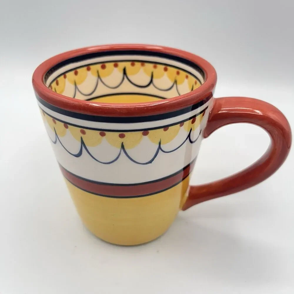 Pier 1 Del Sol Collection Coffee Cup, Hand Painted. Yellow And Orange Design.